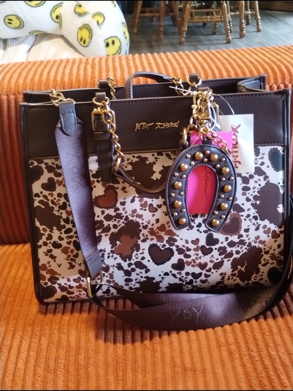 Betsey Johnson Brown Cow-Print Satchel with Gold Accents